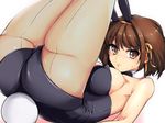  animal_ears breasts brown_eyes brown_hair bunny_ears bunny_girl bunny_tail bunnysuit cleavage detached_collar fishnet_pantyhose fishnets haruhisky highres large_breasts legs_up pantyhose short_hair solo suzumiya_haruhi suzumiya_haruhi_no_yuuutsu tail 