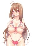  ahoge arms_behind_back blush bra breasts brown_hair eyebrows_visible_through_hair hair_intakes hattori_masaki heart heart_panties heart_print huge_breasts long_hair nipples open_mouth original panties pink_panties print_panties purple_eyes simple_background smile solo underwear underwear_only 