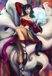 ahri animal_ears bare_shoulders black_hair breasts cleavage detached_sleeves energy_ball facial_mark fox_ears fox_tail glowing glowing_eyes highres large_breasts league_of_legends long_hair multiple_tails solo stanley_lau tail very_long_hair whisker_markings 