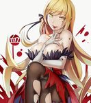  bare_shoulders black_legwear blonde_hair blood breasts cleavage crossed_legs dress elbow_gloves gloves hair_ribbon kiss-shot_acerola-orion_heart-under-blade large_breasts long_hair looking_at_viewer monogatari_(series) pantyhose ribbon sitting solo torn_clothes torn_legwear walzrj white_gloves yellow_eyes 