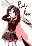  bompay cape character_name copyright_name crescent_rose pantyhose ruby_rose rwby scythe short_hair skirt solo weapon 