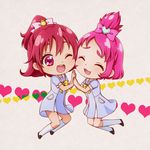  :3 :d ;d ^_^ aida_mana asahi_haru blush bow cheek-to-cheek chibi closed_eyes dokidoki!_precure half_updo hands_together happy heart multiple_girls one_eye_closed oogai_daiichi_middle_school_uniform open_mouth personification pink_bow pink_eyes pink_hair precure school_uniform sharuru_(dokidoki!_precure) sharuru_(dokidoki!_precure)_(human) short_hair smile topknot 