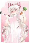  apron bad_id bad_pixiv_id blush bow breasts carrot commentary_request cowboy_shot fujiwara_no_mokou hair_bow hammer_(sunset_beach) holding ladle long_hair looking_at_viewer maid_apron medium_breasts naked_apron raised_eyebrow red_eyes solo touhou very_long_hair white_hair 