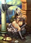  abs amazon_(dragon's_crown) axe bad_id bad_pixiv_id blue_eyes boned_meat boots breasts cleavage dragon's_crown feathers food gloves hair_feathers katagiri_(a1466502) long_hair meat medium_breasts muscle muscular_female silver_hair sitting solo tattoo thick_thighs thighs weapon 