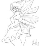  ass blush bow cirno dress embarrassed from_behind greyscale hair_bow highres ice ice_wings monochrome puffy_short_sleeves puffy_sleeves radlionheart short_hair short_sleeves signature sketch solo touhou wings 