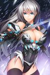  blue_eyes breasts cleavage highres large_breasts long_hair parted_lips raised_eyebrow silver_hair smile snowball22 solo sword sword_girls weapon 