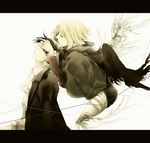  1girl black_hair blonde_hair cape closed_eyes covering_eyes feathered_wings from_side hands_on_another's_face letterboxed levi_(shingeki_no_kyojin) petra_ral saku_(kisaragirion) shingeki_no_kyojin spoilers tears white_background wings 
