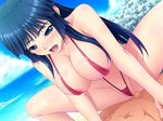  1girl bare_shoulders beach blue_eyes blue_hair blush breasts censored cloud clouds game_cg girl_on_top highres kuraki_hiro large_breasts legs long_hair looking_down lying nee-san_no_kareshi:_akogare_no_nee-san_ga_shinyuu_to_tsukiai_hajimemashita ocean open_mouth sex sitting sitting_on_person sky sling_bikini swimsuit thighs vaginal 