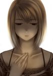  amakura_mio fatal_frame fatal_frame_2 hand_on_own_chest highres lace lace-trimmed_shirt lips monochrome sepia shirt short_hair solo white_background yomogi_(sigematu-yomogi) 