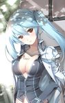  bad_id bad_pixiv_id bangs blue_hair blush breasts cleavage highres jacket kuro_(kuronell) large_breasts long_hair looking_at_viewer luthica_preventer open_clothes open_shirt red_eyes shirt solo sword_girls twintails 