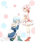  armband bad_id bad_pixiv_id blue_hair bow cape gloves hair_bow hand_kiss highres kaname_madoka kiss magical_girl mahou_shoujo_madoka_magica miki_sayaka multiple_girls one_knee pink_eyes pink_hair short_hair short_twintails smile thighhighs twintails yuragiyura 