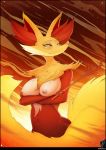  anthro blush breasts canine catcouch crossed_arms delphox female fire fluffy fluffy_tail fur looking_away mammal navel nintendo nipples nude orange_eyes pok&eacute;mon pok&eacute;mon_(species) red_fur solo video_games white_fur yellow_fur 