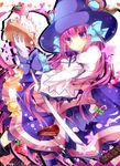  :t cake candy chocolate dress dumpty_alma emil_chronicle_online food fork fruit hat heart homaderi looking_at_viewer pink_hair pout purple_eyes puzzle_&amp;_dragons solo star strawberry striped striped_legwear witch_hat 