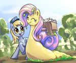  bag blonde_hair derpy_hooves_(mlp) equine eyes_closed female fence feral fluttershy_(mlp) fluttersnail friendship_is_magic gsphere hair herm intersex letter mail mammal my_little_pony outside pegasus pink_hair shell snail snail_mail tree wings yellow_eyes 