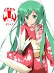  2011 blush bunny green_eyes green_hair hatsune_miku japanese_clothes kimono long_hair looking_at_viewer naka scarf simple_background solo twintails vocaloid white_background 