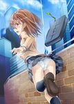  ass bad_id bad_pixiv_id bag blazer brown_eyes brown_hair bute_(butegram) jacket kneehighs misaka_mikoto panties plaid plaid_skirt school_bag school_briefcase school_uniform short_hair skirt to_aru_kagaku_no_railgun to_aru_majutsu_no_index underwear 