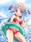  bikini blue_hair blush body_blush headdress highres innertube lakshmi_(lord_of_vermilion) lens_flare long_hair looking_at_viewer lord_of_vermilion open_mouth red_bikini red_eyes shi_ecchi shiny shiny_skin solo swimsuit very_long_hair 