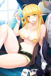  ahoge blonde_hair blush bra breasts cleavage cup denim denim_shorts elf green_eyes highres holding_needle large_breasts long_hair looking_at_viewer navel needle off_shoulder open_fly pointy_ears sewing shiny shiny_skin short_shorts shorts sitting snowball22 solo strap_gap strap_slip swimsuit sword_girls tears treanna underwear unzipped 