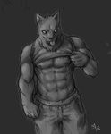  ^69 abs anthro biceps big_muscles canine clothing fur male mammal monochrome muscles nipples pants pecs pose shirt shirt_lift solo standing toned tongue tongue_out wolf 