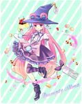  boots character_name cherry cookie dress dumpty_alma emil_chronicle_online food fork fruit hat hoshino kiwifruit long_hair looking_at_viewer pink_hair pudding purple_eyes puzzle_&amp;_dragons solo striped striped_legwear thighhighs very_long_hair witch_hat 