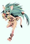  animal_ears animal_print apple big_hair cat_ears cham_cham choker dark_skin dress eating fang flat_chest food fruit full_body gloves green_background green_eyes green_hair hair_ornament long_hair paw_gloves paw_shoes paws ponkotsu samurai_spirits shoes simple_background snk solo tail tiger_print 