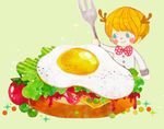  blue_eyes bow bowtie bread cheese egg food fork green_background haruki9922 horns lettuce male_focus miniboy original peas smile solo sunny_side_up_egg tomato 