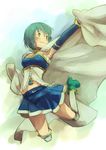  armband blue_eyes blue_hair cape gloves jumping kabane_(follabi) magical_girl mahou_shoujo_madoka_magica midriff miki_sayaka short_hair smile solo soul_gem thighhighs 