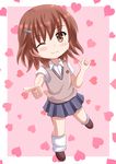  ;3 \m/ brown_eyes brown_hair chibi hair_ornament heart highres kazenokaze misaka_mikoto one_eye_closed school_uniform short_hair skirt solo sweater_vest to_aru_kagaku_no_railgun to_aru_majutsu_no_index 