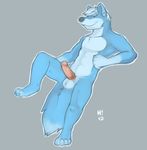  abs anthro balls blue_fur blue_hair canine erection fluffy_tail fur grin hair horrorbuns humanoid_penis male mammal muscles nude pecs penis pose presenting raised_leg sheath smile solo wolf 