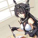  bare_shoulders black_hair blush breasts curry eating elbow_gloves fingerless_gloves food food_on_face gloves hair_ornament kantai_collection large_breasts long_hair nagato_(kantai_collection) open_mouth plate red_eyes rice solo spoon tenmaso 