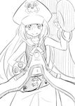  anchor belt fang flat_chest greyscale guilty_gear guilty_gear_xrd hand_on_hip hat lineart long_hair may_(guilty_gear) monochrome navel over_shoulder pants pirate_hat ponkotsu smile solo weapon weapon_over_shoulder 