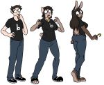  2018 anthro barefoot big_breasts blackshirtboy_(character) breast_growth breasts brown_hair butt clothed clothing eyewear female gender_transformation glasses hair human human_to_anthro jeans lagomorph long_hair male mammal mtf_transformation nipple_bulge pants prurientpie rabbit sequence shirt short_hair simple_background solo standing surprise tail_growth transformation white_background 