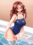 brown_eyes brown_hair censored competition_school_swimsuit drill_hair futanari glasses highres long_hair mosaic_censoring nokoppa one-piece_swimsuit original penis solo swimsuit 