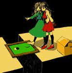  black_background box brown_hair cardboard_box dora_(risunofuko12) dress flower green_eyes ib ib_(ib) mary_(ib) multiple_girls one_eye_closed pantyhose pointing red_eyes rose 