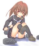  black_legwear blush brown_eyes brown_hair crescent dressing fumizuki_(kantai_collection) kantai_collection long_hair panties pantyshot pantyshot_(sitting) ponytail sakuna school_uniform serafuku sitting skirt smile solo underwear white_neckwear white_panties 