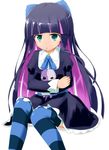  green_eyes long_hair multicolored_hair naka panty_&amp;_stocking_with_garterbelt purple_hair simple_background sitting skirt solo stocking_(psg) striped striped_legwear thighhighs two-tone_hair very_long_hair white_background 