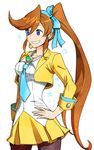  blue_eyes blue_neckwear bow brown_hair cropped_jacket grin gyakuten_saiban gyakuten_saiban_5 hair_bow hairband hand_on_hip jewelry kizuki_kokone long_hair mikami necklace necktie pantyhose ponytail single_earring skirt smile solo white_background yellow_skirt 