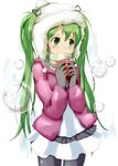  blush green_eyes green_hair hatsune_miku highres long_hair naka pantyhose scarf skirt solo striped striped_scarf twintails valentine vocaloid 
