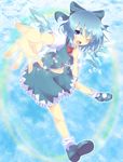  blue_eyes blue_hair cirno colorized do_(4-rt) fang finger_to_mouth hair_ribbon highres ice ice_wings josephine_(twin_tail_rabbit) mary_janes midriff navel open_mouth outstretched_arm outstretched_hand perspective puffy_sleeves ribbon shoes short_hair skirt smile solo touhou wings 