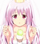 animal_ears bare_shoulders between_breasts blush breasts bunny_ears food ice_cream ice_cream_cone long_hair looking_at_viewer medium_breasts naka purple_eyes purple_hair simple_background solo white_background 