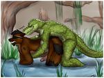  alligator anal anal_penetration anthro canine crocodile duo erection gay grass interspecies male mammal marsh mike_(artist) nipping penetration penis reptile scalie sex stripes teeth water 