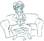  barefoot beer_hat cat chimangetsu drinking feline female gaming mammal messy_hair pajamas selkie selkie_(chimangetsu) selkirk_rex soda sofa solo 