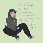 anthro avian bearded_vulture bird clothed clothing crocodilianbooty feathers freckles hoodie leggings legwear male pink_sclera slightly_chubby smile solo text vulture 