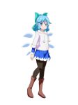  1girl adapted_costume aqua_bow black_legwear blue_eyes blue_hair boots bow brown_footwear cato_(monocatienus) cirno commentary_request eyebrows_visible_through_hair full_body grin hair_bow hood hoodie ice ice_wings knee_boots looking_at_viewer medium_hair pantyhose simple_background skirt smile solo touhou white_background wings 
