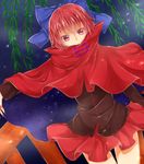  blouse bow cape covering_mouth denpa_(yuyuyu0710) dutch_angle fingernails hair_bow long_fingernails long_sleeves looking_at_viewer nail_polish night night_sky outdoors railing red_eyes red_hair sekibanki sharp_fingernails short_hair skirt sky solo star_(sky) starry_sky starry_sky_print touhou willow 