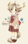  animal_ears animal_tail ch3 chibi flower happy_new_year horns looking_at_viewer new_year red_eyes scarf school_uniform shoes short_hair simple_background standing tail white_hair 