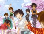  4boys aya_(re:kinder) bad_id bad_pixiv_id brown_hair cellphone cherry_blossoms closed_eyes hanami hiroto_(re:kinder) holding_hands mizuoka_yuuichi multiple_boys multiple_girls phone re:kinder rei_(re:kinder) ryou_(re:kinder) sayaka_(re:kinder) shirt skirt smile striped striped_shirt takano_shunsuke what_if white_shirt yao4000 