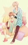  asahina_fuuto asahina_louis bad_id bad_pixiv_id blonde_hair brothers brothers_conflict brown_eyes brown_hair flower full_body hair_flower hair_ornament hair_over_one_eye hood hoodie jewelry juli_(brothers_conflict) long_hair male_focus multiple_boys necklace pillow shirt siblings smile squirrel striped striped_shirt 