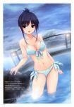  absurdres bangs bare_arms bare_shoulders bikini black_hair blue_bikini blue_eyes breasts cleavage coffee-kizoku collarbone eyebrows_visible_through_hair front-tie_bikini front-tie_top highres long_hair looking_at_viewer medium_breasts navel onsen open_mouth original outdoors scan shiny shiny_skin shiramine_rika side-tie_bikini smile solo standing swimsuit wading water wet 
