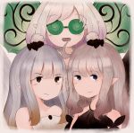  3girls aerie_(bravely_default) ahoge anne_(bravely_second) bare_shoulders black_gloves black_leotard blue_eyes bravely_default:_fairy&#039;s_effect bravely_default:_flying_fairy bravely_default_(series) bravely_second:_end_layer brown_eyes brown_hair dress face fairy fairy_wings generacja glasses gloves hand_on_another&#039;s_head highres leotard long_hair multiple_girls open_mouth pointy_ears rinne_(bravely_default) short_hair silver_hair sketch smile strapless strapless_dress upper_body white_dress wings 